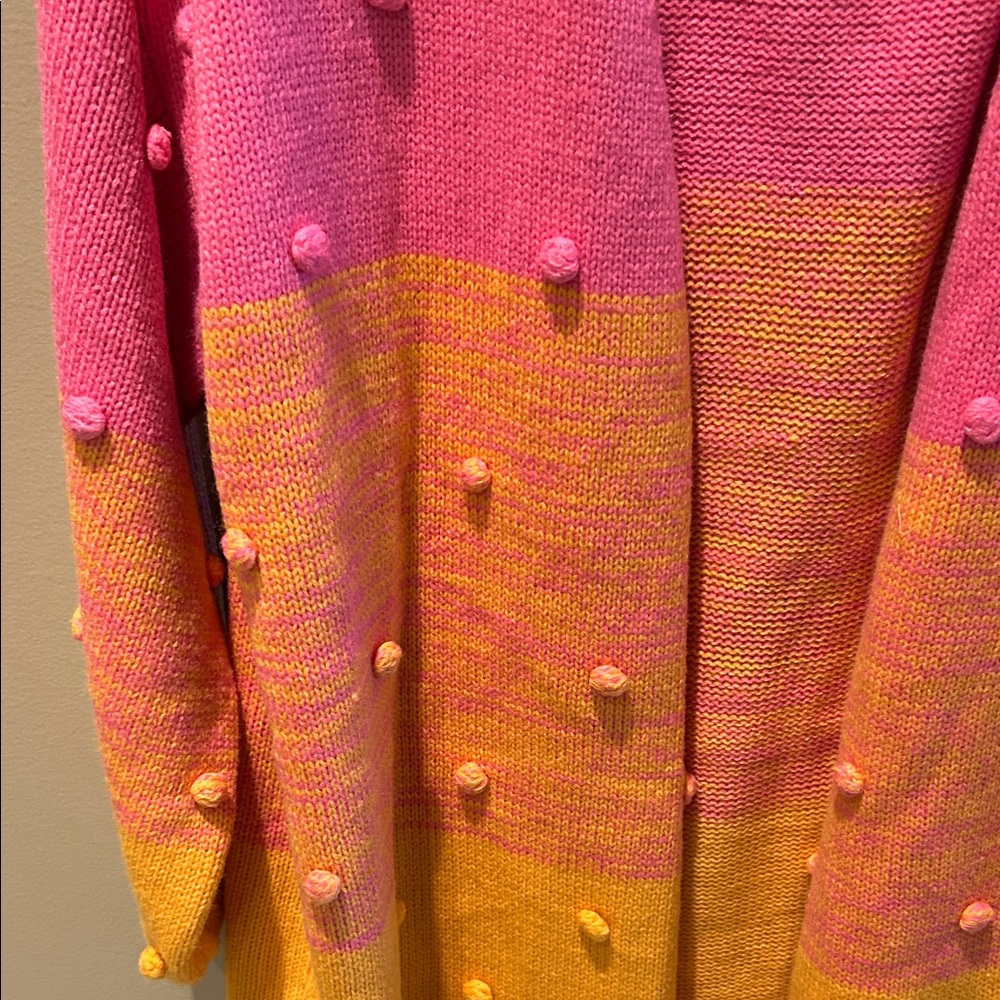 BiBi Pink and Orange Cardigan with Pom-Pom Accents - Picture 3 of 5